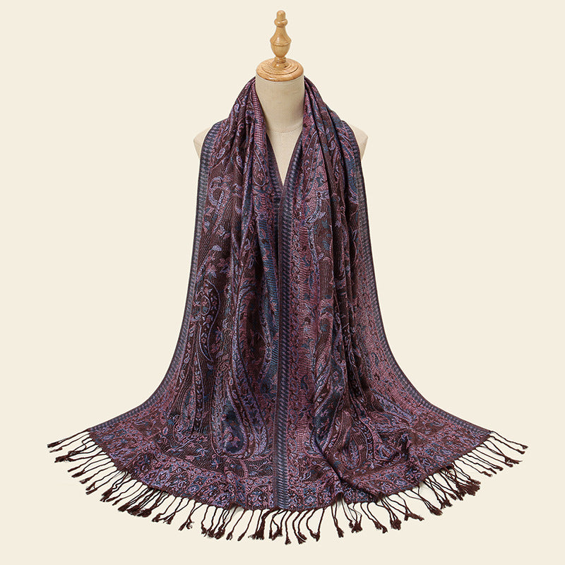 Coffee + Purple Elegant Retro Paisley Print Scarf for Women - Soft Fashion Shawl Wrap 185x70cm
