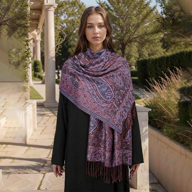 Coffee + Purple Elegant Retro Paisley Print Scarf for Women - Soft Fashion Shawl Wrap 185x70cm