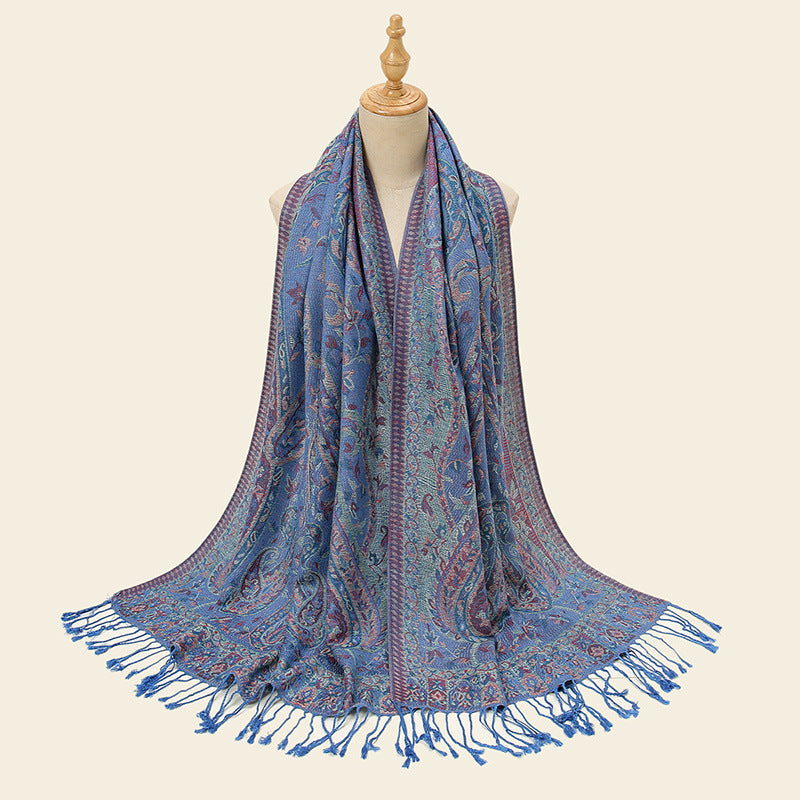 Blue Elegant Retro Paisley Print Scarf for Women - Soft Fashion Shawl Wrap 185x70cm