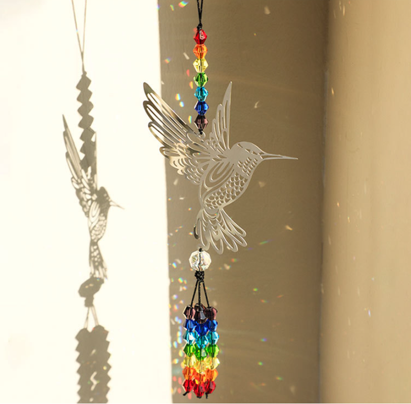 (Style C)2 PCS Hummingbird Metal Suncatcher with Crystal Accents - for Window or Wall Indoor Hanging Ornament