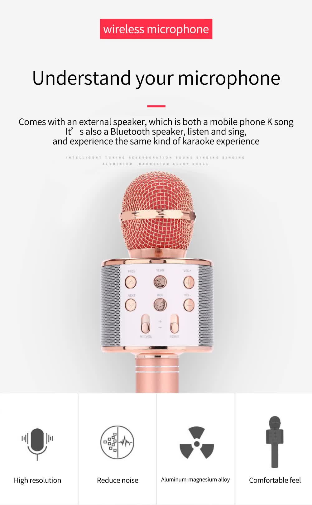 Rose red Bluetooth 5.0 Karaoke Microphone for Family Entertainment