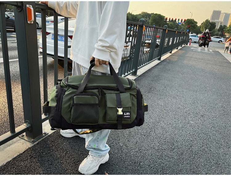 Green Unisex Travel Bag with Utility Buckles and Wet/Dry Compartments