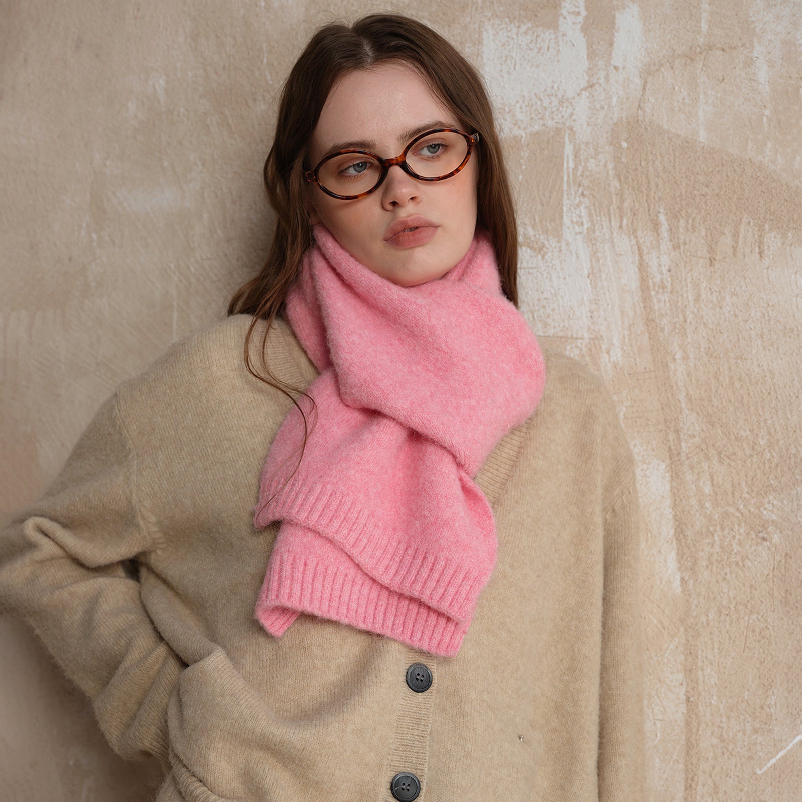 Pink Soft Wool Blend Knitted Scarf Women Men Winter Pure Color Neck Wrap (157x22cm)