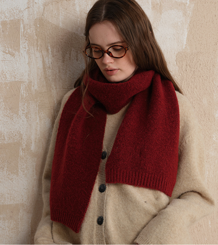 Red Soft Wool Blend Knitted Scarf Women Men Winter Pure Color Neck Wrap (157x22cm)