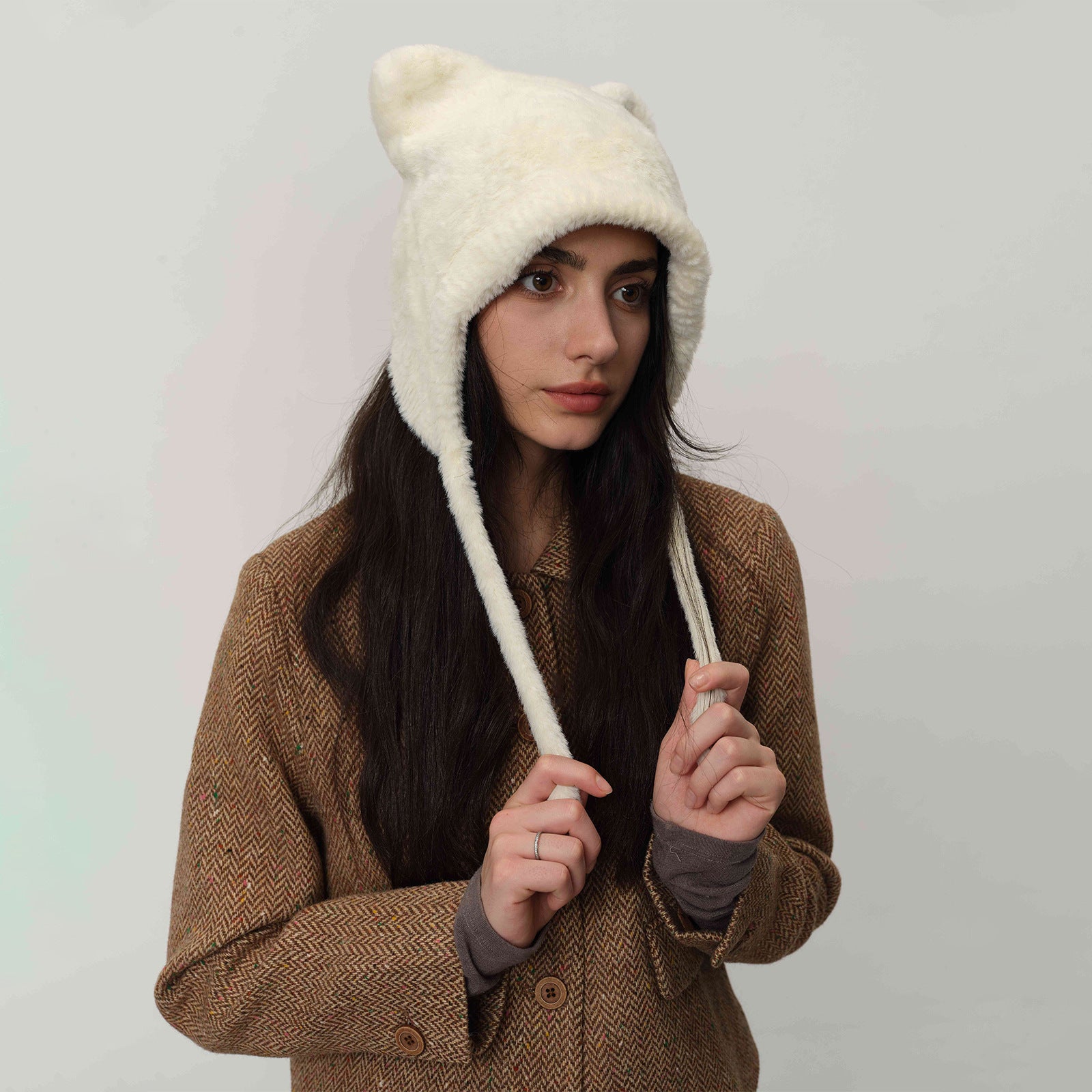 White Fluffy Cat Ear Winter Earflap Hat Women Knitted Warm Cold Weather Cap