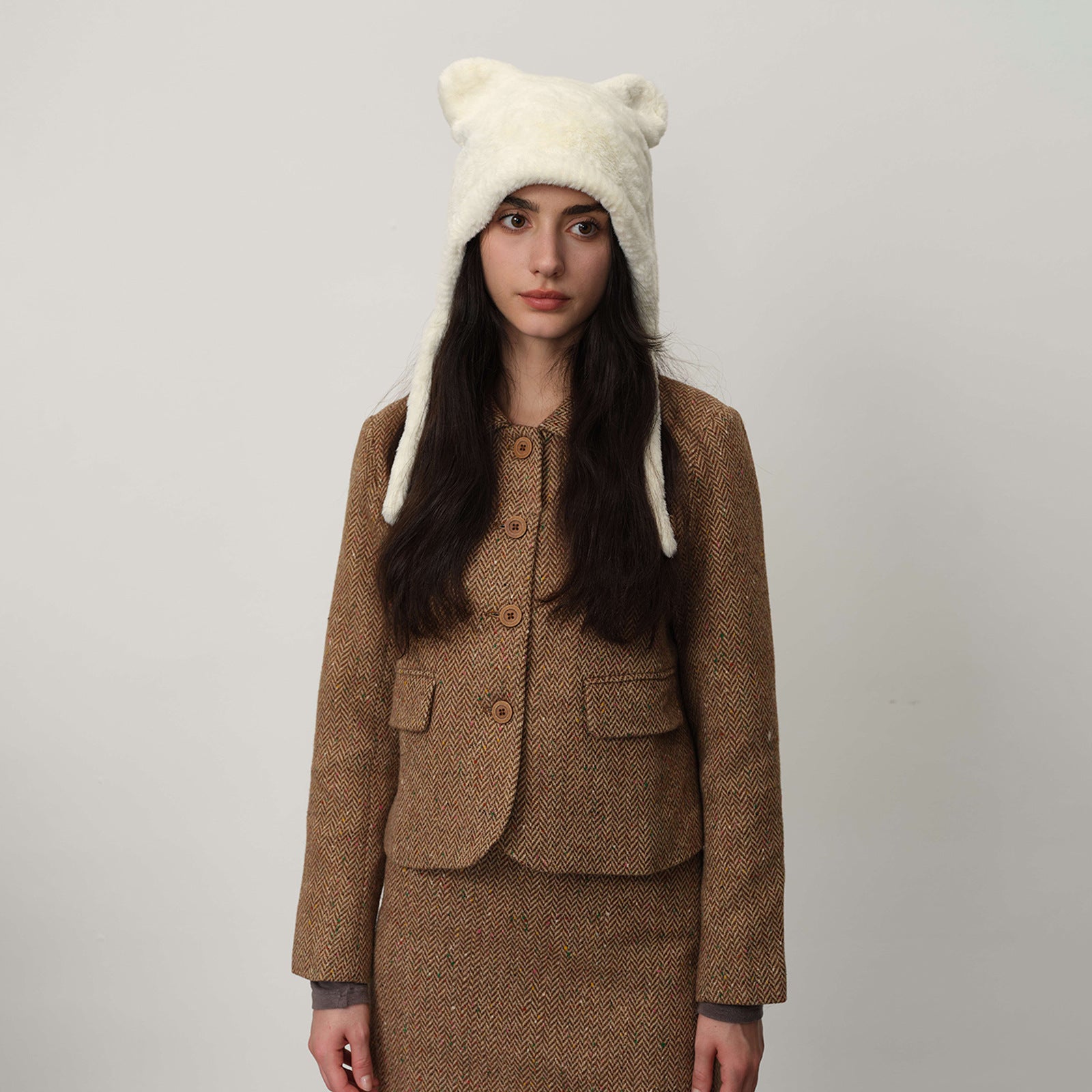 White Fluffy Cat Ear Winter Earflap Hat Women Knitted Warm Cold Weather Cap