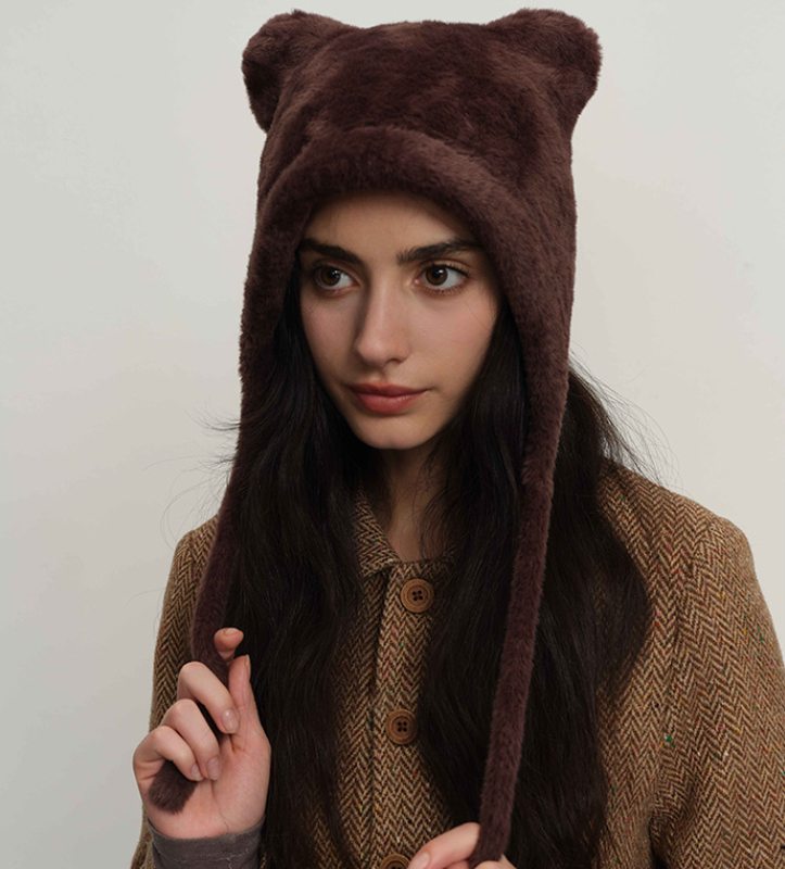 Dark brown Fluffy Cat Ear Winter Earflap Hat Women Knitted Warm Cold Weather Cap