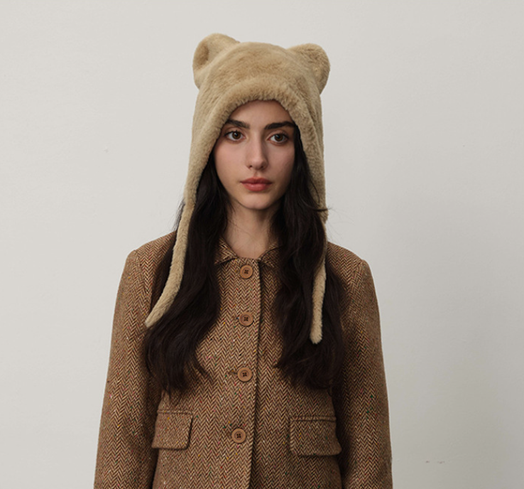 Beige Fluffy Cat Ear Winter Earflap Hat Women Knitted Warm Cold Weather Cap
