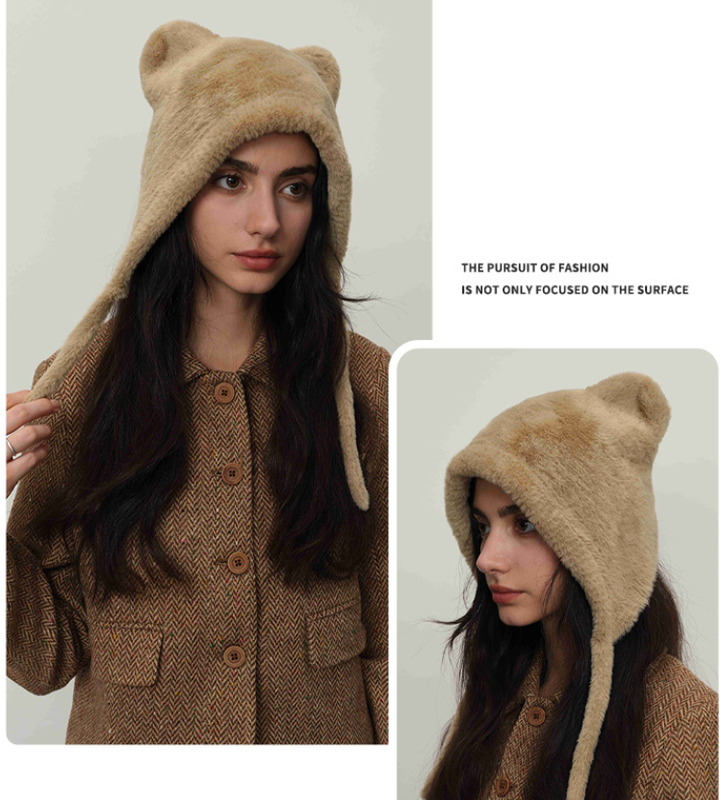 Beige Fluffy Cat Ear Winter Earflap Hat Women Knitted Warm Cold Weather Cap