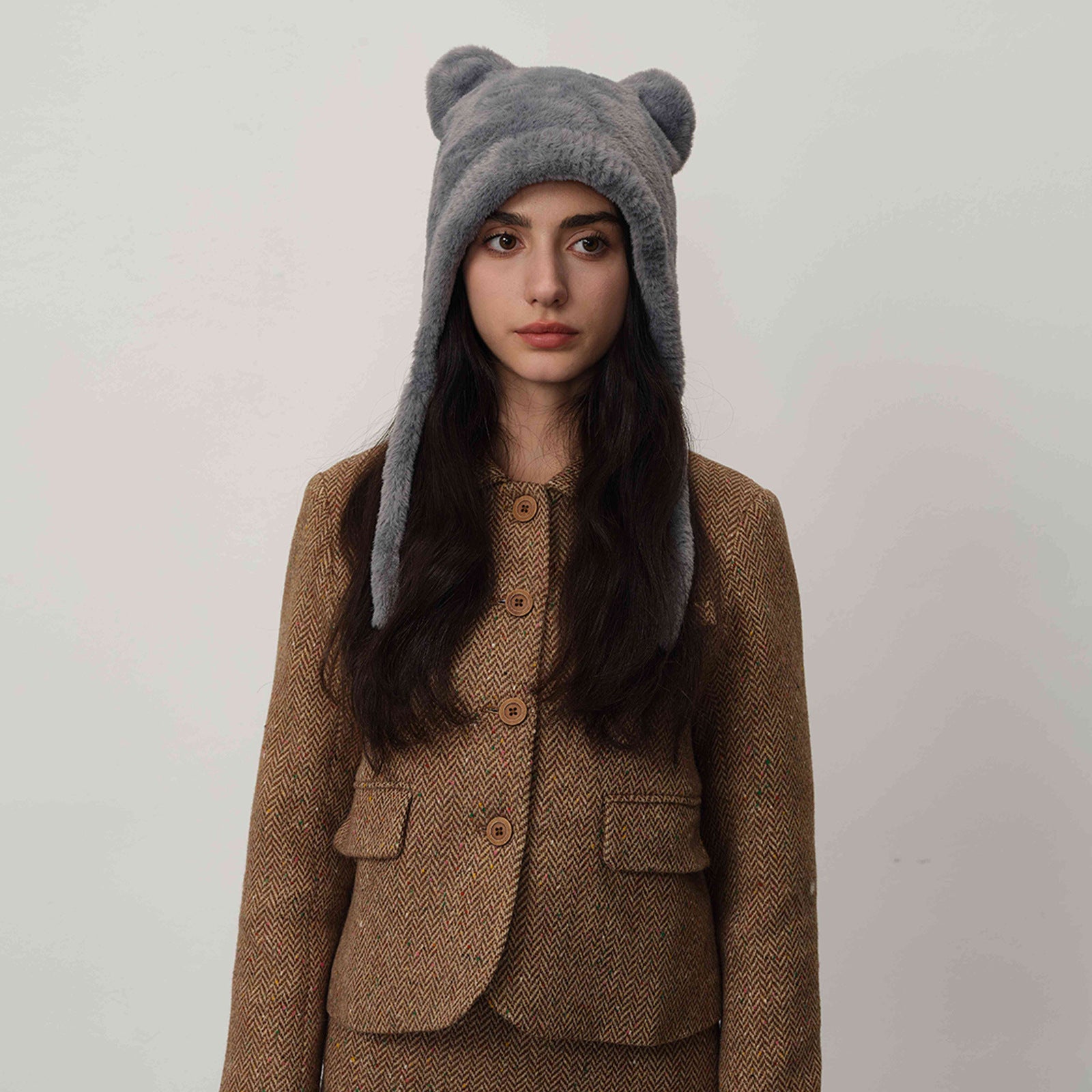 Light gray Fluffy Cat Ear Winter Earflap Hat Women Knitted Warm Cold Weather Cap