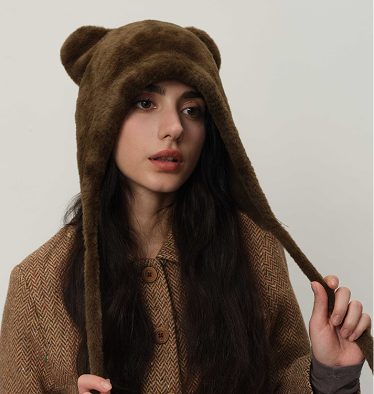 Green glass Fluffy Cat Ear Winter Earflap Hat Women Knitted Warm Cold Weather Cap