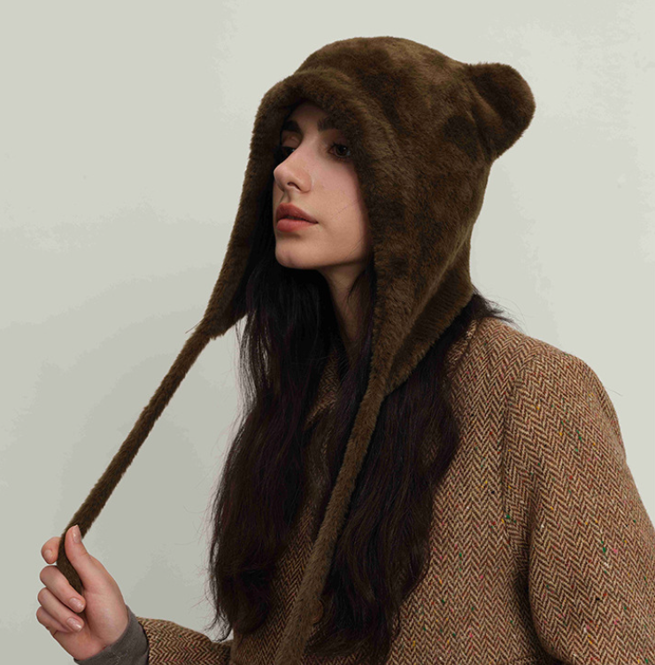 Green glass Fluffy Cat Ear Winter Earflap Hat Women Knitted Warm Cold Weather Cap