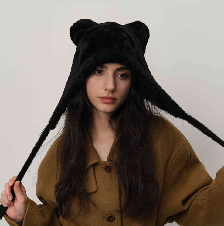 Black Fluffy Cat Ear Winter Earflap Hat Women Knitted Warm Cold Weather Cap