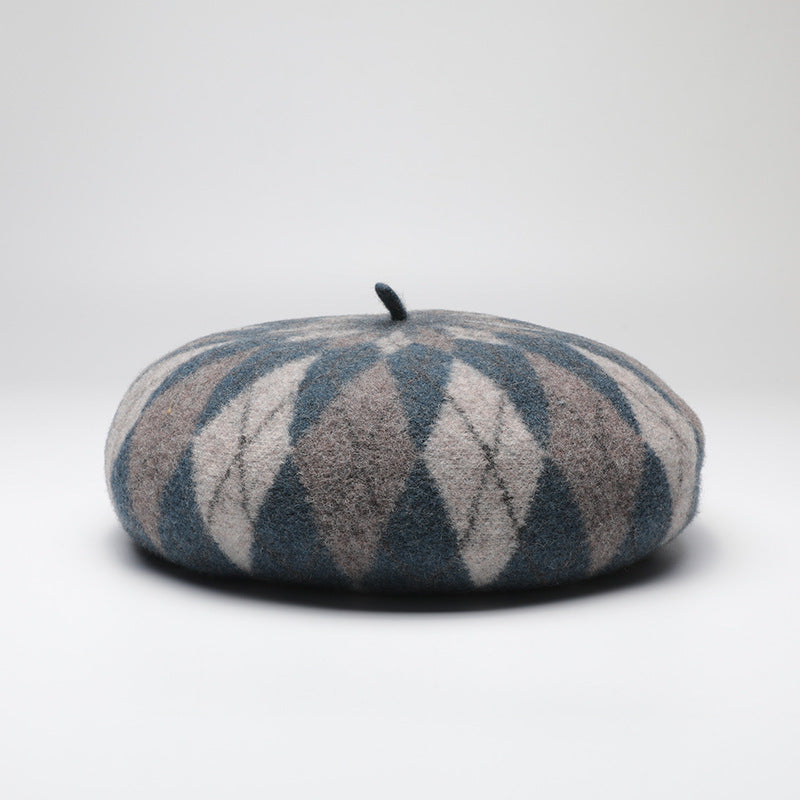 Diamond Colorblock Wool Beret - Stylish Plaid Painter Hat, Warm and Soft - (Blue)