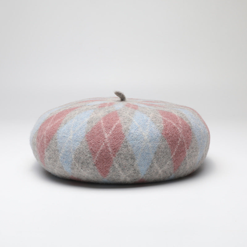 Diamond Colorblock Wool Beret - Stylish Plaid Painter Hat, Warm and Soft - (Pink)