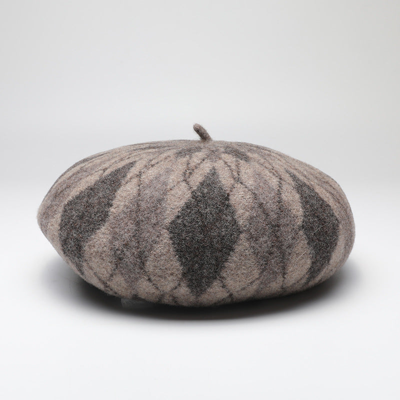 Diamond Colorblock Wool Beret - Stylish Plaid Painter Hat, Warm and Soft - (Gray)