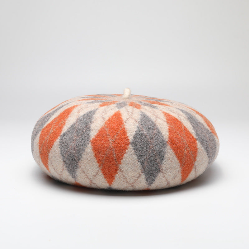 Diamond Colorblock Wool Beret - Stylish Plaid Painter Hat, Warm and Soft - (Orange)