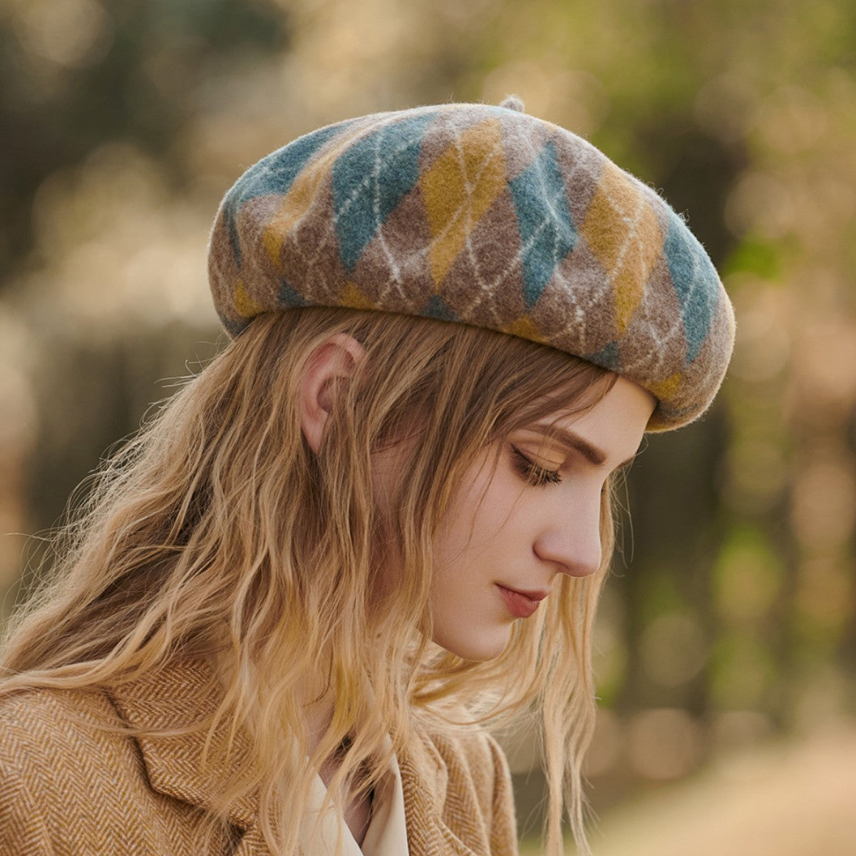 Diamond Colorblock Wool Beret - Stylish Plaid Painter Hat, Warm and Soft - (Yellow)