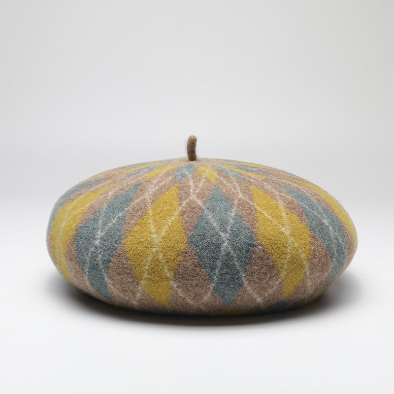 Diamond Colorblock Wool Beret - Stylish Plaid Painter Hat, Warm and Soft - (Yellow)