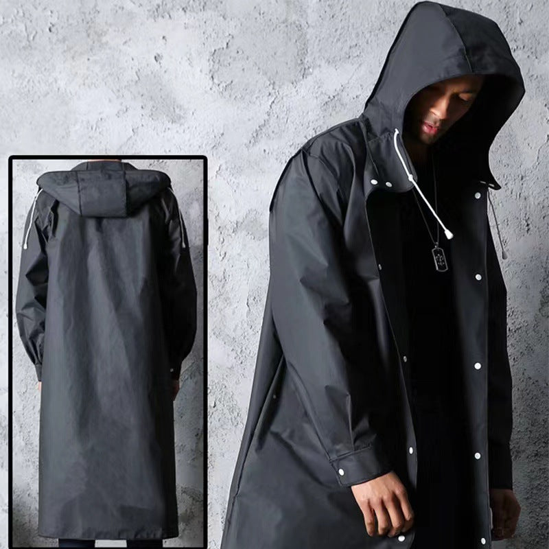 Stylish Black Trench Raincoat - Extra Long, Hooded, for Hiking & Fishing - XXL