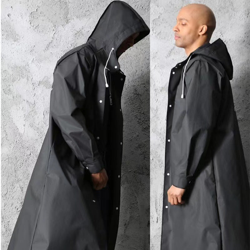 Stylish Black Trench Raincoat - Extra Long, Hooded, for Hiking & Fishing - XXL