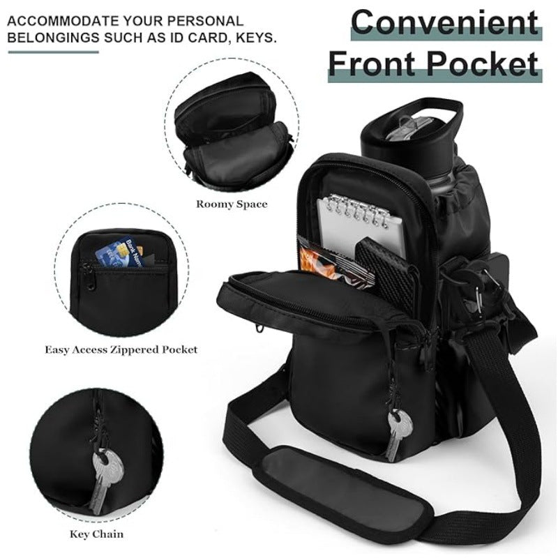 Black Portable Crossbody Water Bottle Holder with Multiple Pockets - Thermal Cooler Bag