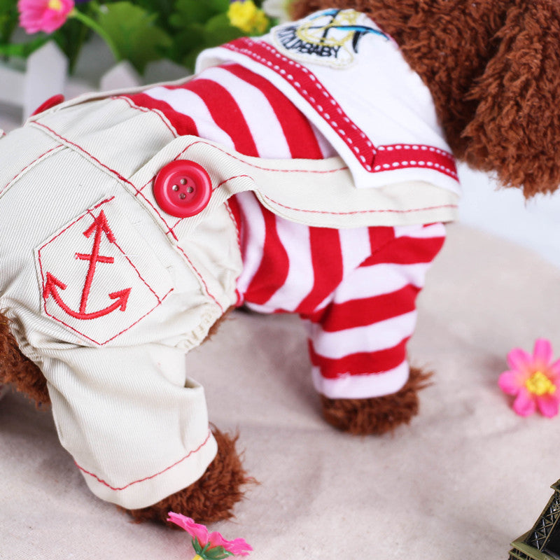 Red Cute Sailor Dog Outfit - Striped Shirt & Anchor Overalls for Small Dogs (Size : L )