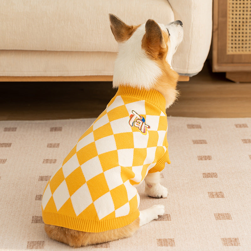 Classic Argyle Dog Sweater Yellow & White Knit for &