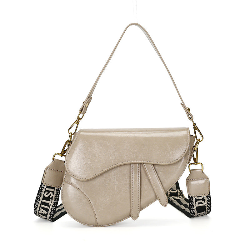 Khaki Chic Saddle Crossbody Bag with Wide Guitar Strap - PU Leather