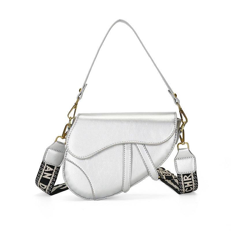 Silver Chic Saddle Crossbody Bag with Wide Guitar Strap - PU Leather