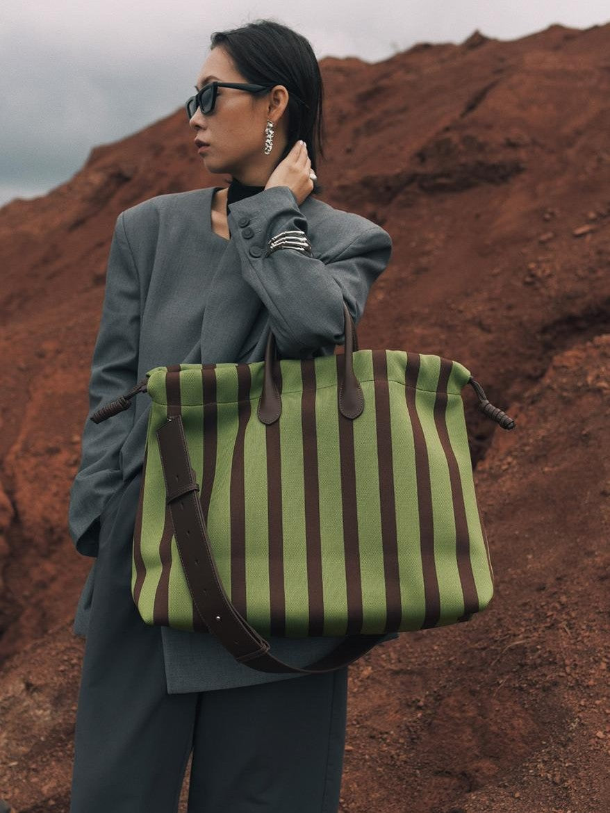 Large Capacity Canvas Tote Bag - Green Stripes, Drawstring Top, Leather Handles