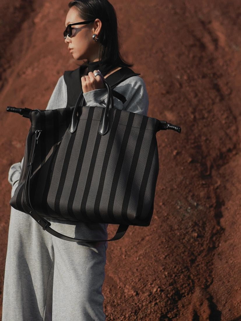 Large Capacity Canvas Tote Bag - Grey Stripes, Drawstring Top, Leather Handles