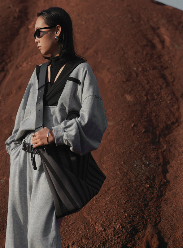 Large Capacity Canvas Tote Bag - Grey Stripes, Drawstring Top, Leather Handles