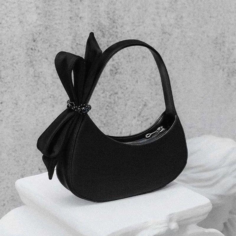 Chic Black Crescent Bag with Statement Bow - PU Leather Shoulder Purse
