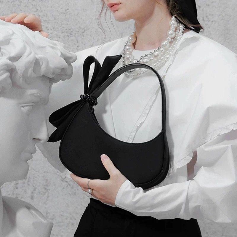 Chic Black Crescent Bag with Statement Bow - PU Leather Shoulder Purse