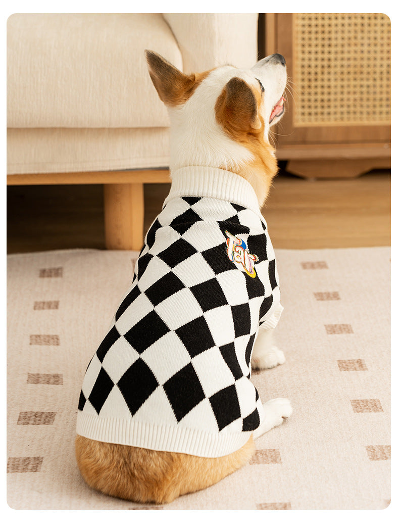 Classic Argyle Dog Sweater - Black & White Knit for Corgis & Medium Breeds (Size : L)