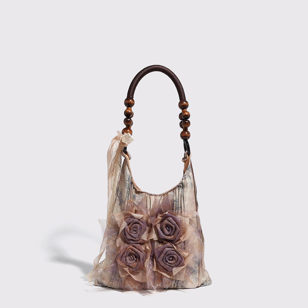 Vintage Rose Floral Shoulder Bag - 3D Fabric Flowers, Wooden Bead Handle Tote
