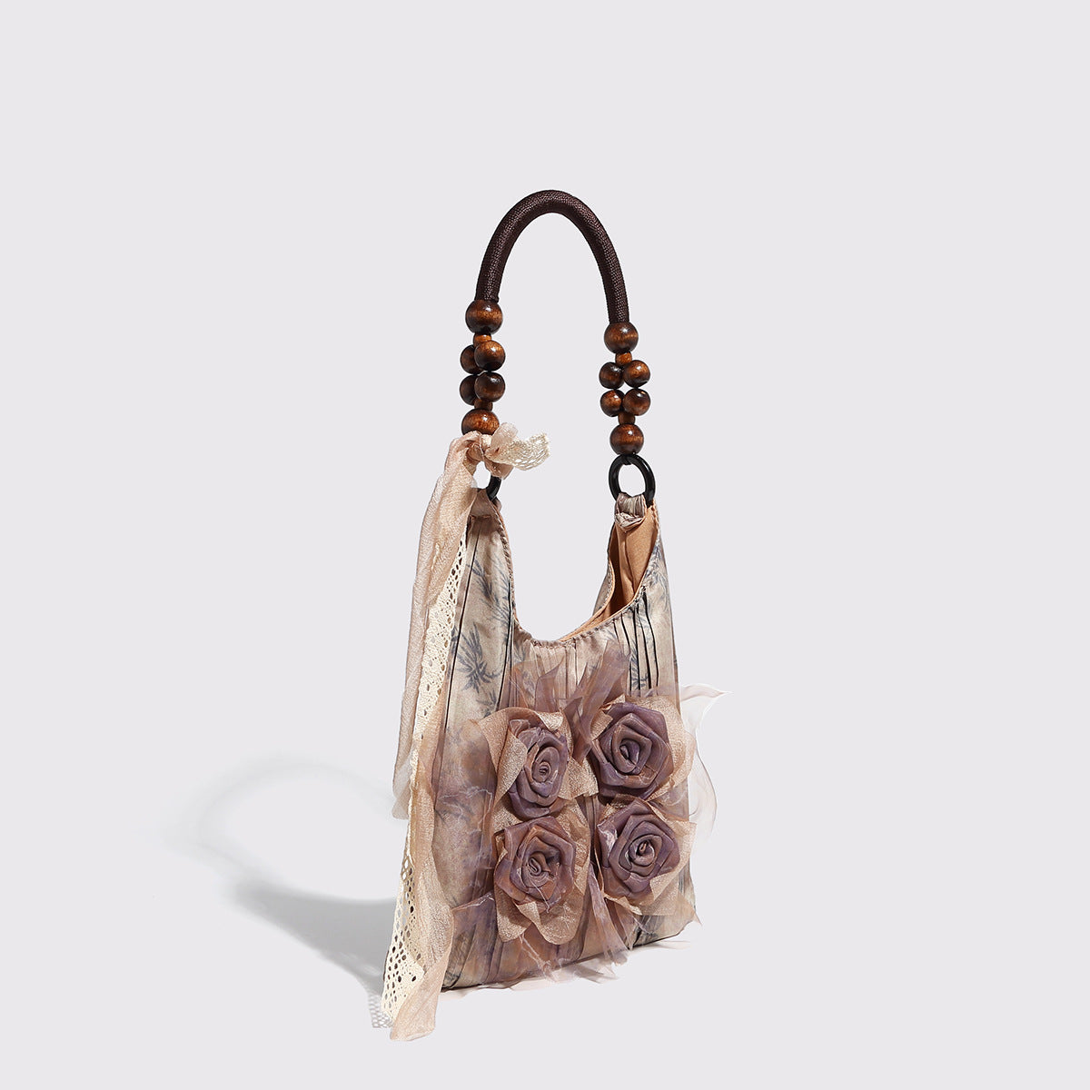 Vintage Rose Floral Shoulder Bag - 3D Fabric Flowers, Wooden Bead Handle Tote
