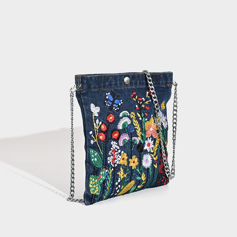 Embroidered Floral Denim Crossbody Bag - Butterfly & Wildflower Design, Chain Strap