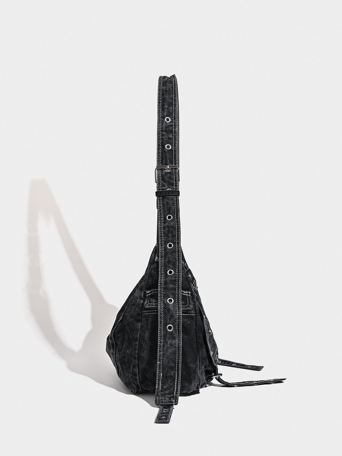 Distressed Black Denim Messenger Bag - Rivet Detail, Adjustable Strap, Large Streetwear Tote