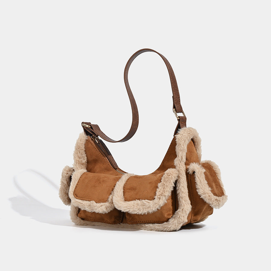 Faux Shearling Trim Suede Shoulder Bag - Multi-Pocket Y2K Retro Style