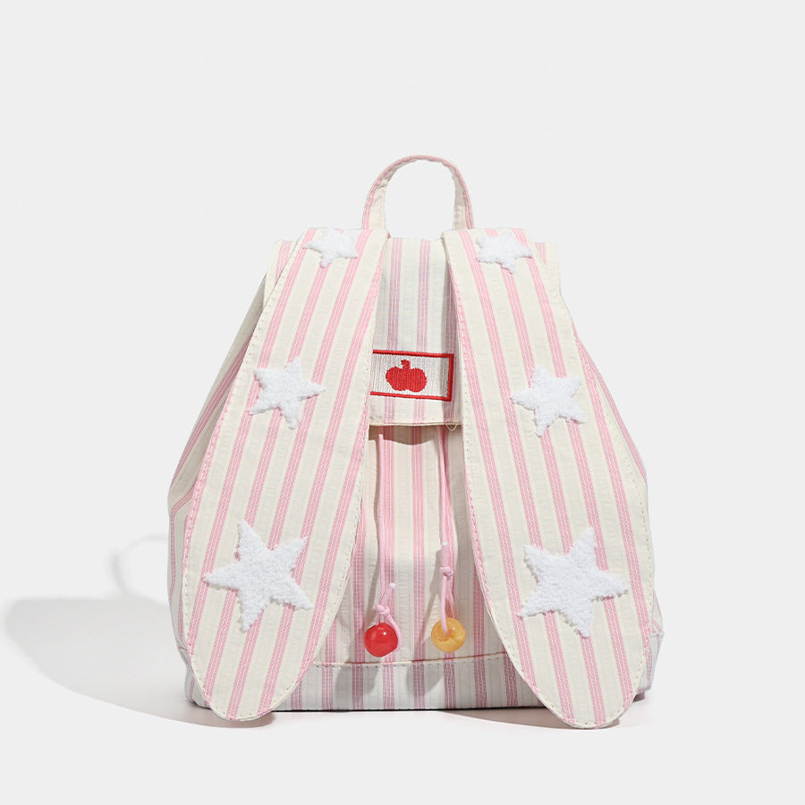 Cute Pink Stripe Bunny Ear Backpack - Star Applique, Kawaii Student Bag