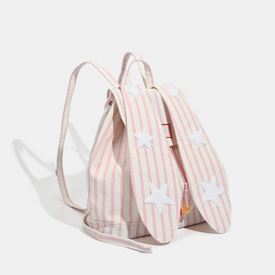 Cute Pink Stripe Bunny Ear Backpack - Star Applique, Kawaii Student Bag