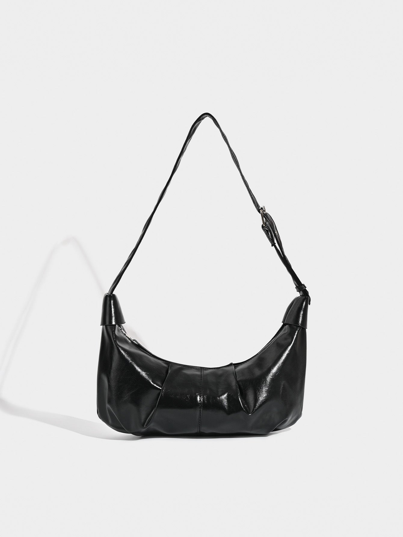 Chic Ruched Faux Leather Bag - Vintage Inspired Croissant Style, Black