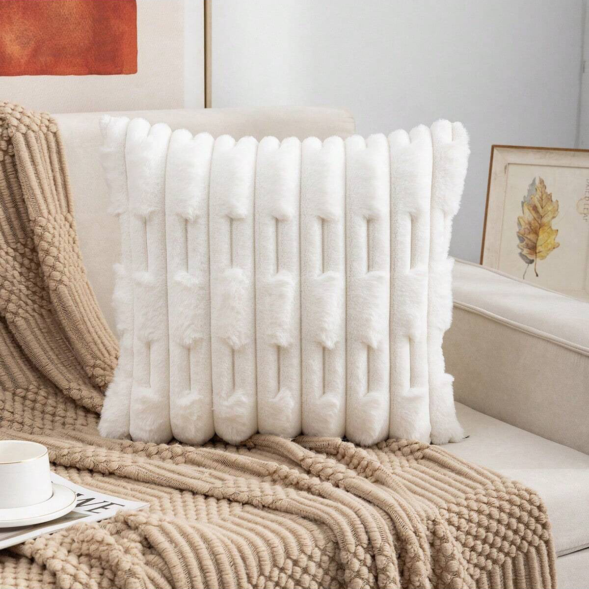 A pair of White Plush Faux Rabbit Fur Throw Pillow Cover - Textured Wheat Ear Design (45x45cm)