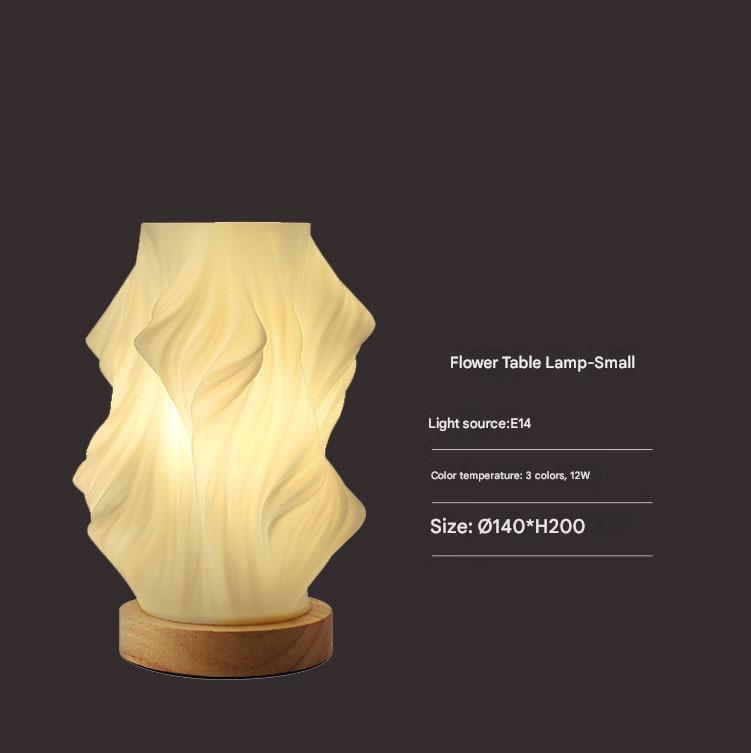Unique Pleated Design Table Lamp - 3D Printed Washable Shade, Wooden Base, Adjustable LED (Flowers)