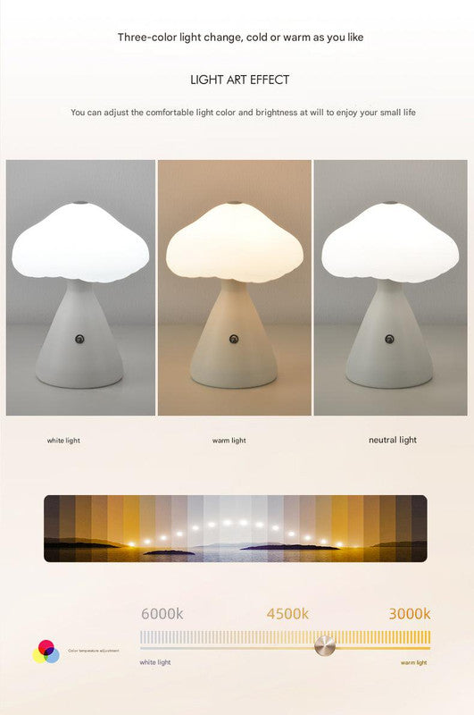 Gray Mushroom LED Table Lamp - Rechargeable, 3-Color Touch Dimmable, USB-C