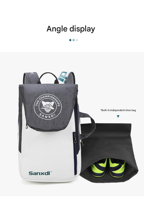 Grey and White Multifunctional Tennis & Badminton Backpack - Waterproof Racket Bag with Shoe Compartment