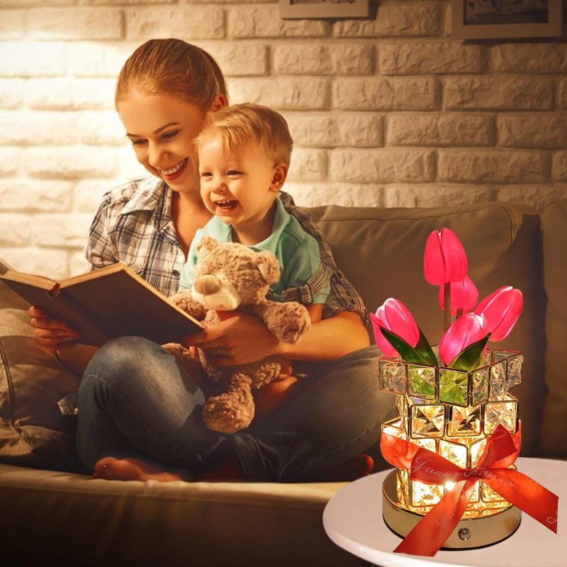 Red Elegant Crystal Tulip LED Night Light - Rechargeable Touch Lamp with 3 Colors & Dimming