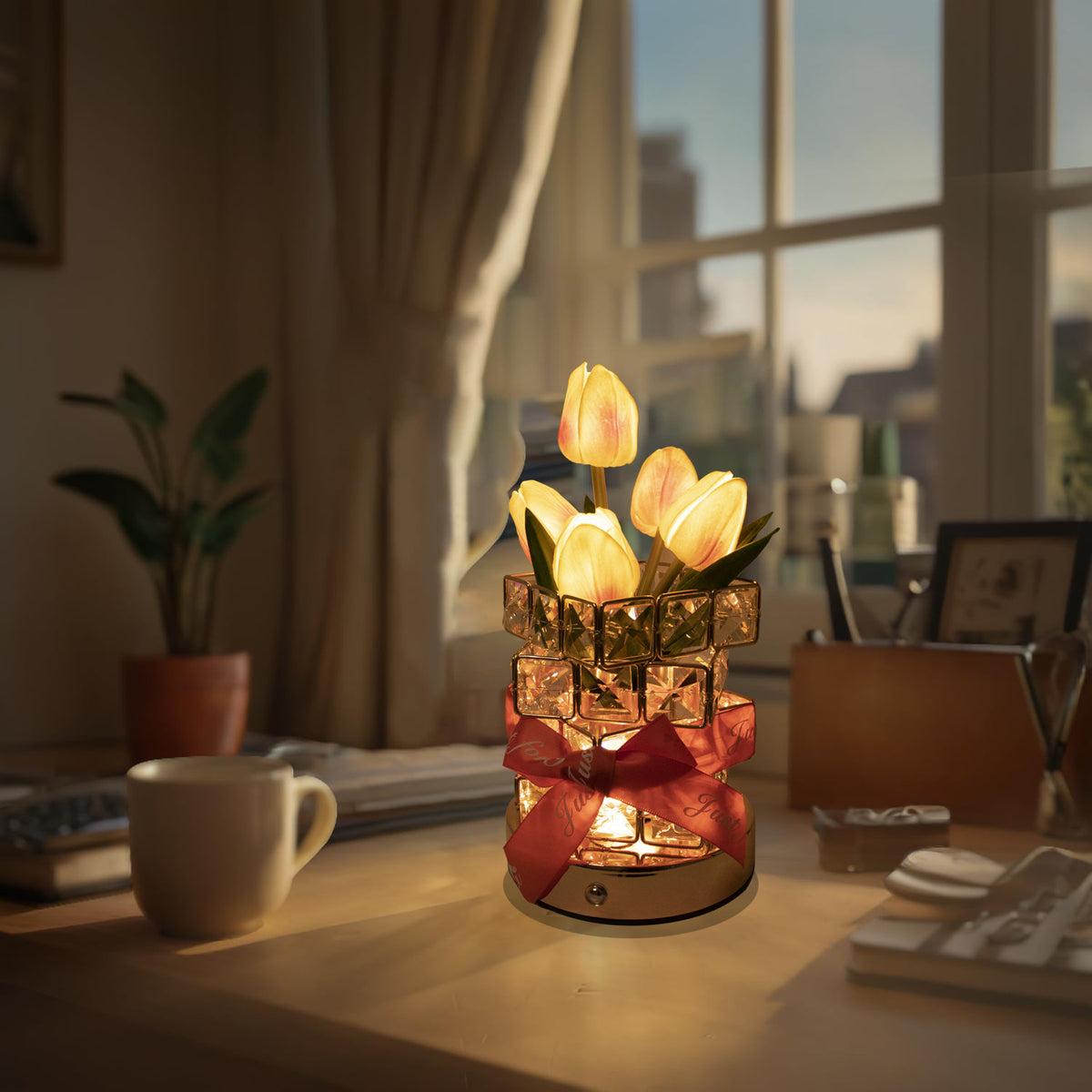 Yellow Elegant Crystal Tulip LED Night Light - Rechargeable Touch Lamp with 3 Colors & Dimming